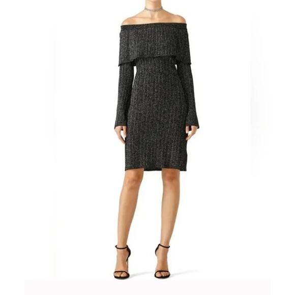Keepsake The Label M Black Silver Shimmer Off Shoulder Knit Dress Bodycon Sheath - Picture 1 of 9